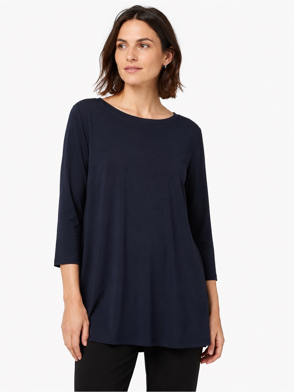 Eileen Fisher Navy Viscose Stretch 3/4 Sleeve Tunic Top Medium